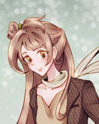 Rule 34 | 1girl, artist name, artist request, black jacket, blush, bow, breasts, brown eyes, brown hair, close-up, collarbone, female focus, green bow, grey hair, hair bow, hair over shoulder, hair rings, jacket, light brown hair, light brown shirt, long hair, looking at viewer, love live!, love live! school idol project, minami kotori, parted lips, ponytail, scarf, side ponytail, smile, solo, upper body, yellow eyes