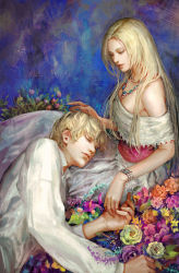 Rule 34 | 1boy, 1girl, abstract background, armpits, blonde hair, blue background, blue gemstone, bracelet, breasts, cleavage, dress, flower, gem, green gemstone, jewelry, lap pillow, long hair, long sleeves, looking at another, necklace, off shoulder, original, own hands together, parted lips, pink sash, rakuen, sash, shirt, short hair, signature, simple background, sleeping, white dress, white shirt