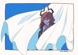 Rule 34 | 1boy, 461 aki, arknights, black jacket, blue background, blush, border, closed eyes, commentary request, curtains, dated, facing viewer, grin, happy birthday, horns, jacket, long hair, male focus, messy hair, no headwear, red hair, sesa (arknights), smile, solo, upper body, white border, wind