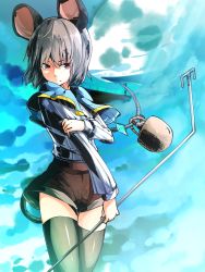 Rule 34 | 1girl, aircraft, airplane, animal ears, bad id, bad pixiv id, basket, black thighhighs, blue sky, capelet, dowsing rod, female focus, flying boat, gem, grey hair, highres, ibuki notsu, jewelry, looking at viewer, mouse (animal), mouse ears, mouse tail, nazrin, necklace, pendant, red eyes, sail, shirt, short hair, shorts, sky, solo, tail, thighhighs, touhou