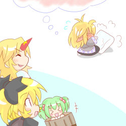 Rule 34 | &gt; &lt;, 4girls, blonde hair, blush, blush stickers, bow, bucket, closed eyes, fang, female focus, green hair, hair bobbles, hair bow, hair ornament, horns, hoshiguma yuugi, in bucket, in container, kisume, kurodani yamame, mizuhashi parsee, multiple girls, open mouth, pillow, pointy ears, ponytail, ruto5102, short hair, short sleeves, touhou, twintails