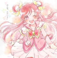 Rule 34 | 1girl, butterfly brooch, butterfly earrings, commentary request, cure dream, earrings, gloves, hair rings, highres, jewelry, long hair, magical girl, one eye closed, pink hair, precure, purple eyes, shortcake p, skirt, smile, solo, swept bangs, white gloves, white skirt, yes! precure 5, yes! precure 5 gogo!, yumehara nozomi
