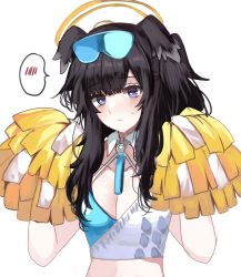 Rule 34 | 1girl, animal ears, black hair, blue archive, blue eyes, blue sealad, breasts, cleavage, crop top, goggles, goggles on head, halo, halterneck, hands up, hibiki (blue archive), hibiki (cheer squad) (blue archive), highres, holding, holding pom poms, long hair, looking at viewer, midriff, millennium cheerleader outfit (blue archive), pom pom (cheerleading), pom poms, shirt, sleeveless, sleeveless shirt, small breasts, solo, spaghetti strap, spoken blush, sweatdrop, upper body, white shirt, wing collar