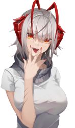 Rule 34 | 1girl, absurdres, antenna hair, arknights, breasts, fangs, fingernails, grey scarf, grey shirt, highres, horns, large breasts, long fingernails, looking at viewer, multicolored hair, nail polish, open mouth, red eyes, red hair, red nails, scar, scar on arm, scarf, shirt, short sleeves, silver hair, simple background, solo, teeth, tongue, tongue out, two-tone hair, upper body, upper teeth only, w (arknights), white background, yueyue no hand