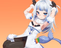 Rule 34 | 1girl, absurdres, armpits, arms up, black gloves, black leotard, black pantyhose, blue eyes, breasts, bridal garter, coat, cosplay, detached sleeves, fins, fish tail, fur collar, fur trim, gawr gura, gloves, gradient background, highres, hololive, hololive english, klaius, leotard, long hair, looking at viewer, multicolored hair, one side up, orange background, pantyhose, playboy bunny, shark tail, silver hair, small breasts, smile, solo, streaked hair, tail, usada pekora, usada pekora (1st costume), usada pekora (cosplay), virtual youtuber, white coat