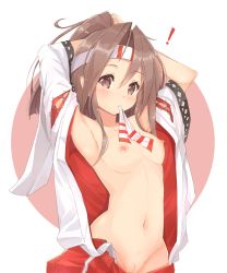 Rule 34 | !, 10s, 1girl, adjusting hair, armpits, arms up, blush, breasts, brown eyes, brown hair, clothes pull, collarbone, cowboy shot, cross-laced clothes, dressing, hachimaki, hair between eyes, headband, high ponytail, japanese clothes, kantai collection, long hair, long sleeves, looking at viewer, mouth hold, navel, nipples, open clothes, pussy, ribbon, ribbon in mouth, shishamo (wa37485 0529), shorts, shorts pull, small breasts, solo, stomach, striped, tying hair, uncensored, wide sleeves, zuihou (kancolle)