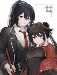 1boy 1girl :&lt; black_eyes black_hair black_jacket black_vest brother_and_sister chinese_clothes collared_shirt dosukoiponiponi double_bun hair_bun heterochromia highres holding hong_lu_(project_moon) jacket jia_xichun_(project_moon) limbus_company long_hair looking_at_viewer ponytail project_moon red_eyes shirt siblings simple_background smile twintails twitter_username upper_body vest white_background white_shirt