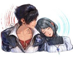 Rule 34 | 1boy, 1girl, absurdres, aged down, black hair, clive rosfield, closed eyes, closed mouth, collarbone, commentary, commission, couple, cropped torso, english commentary, final fantasy, final fantasy xvi, grey hair, head on another&#039;s shoulder, high collar, highres, jacket, jewelry, jill warrick, juliet sleeves, kuroiitulip, long sleeves, looking at another, necklace, puffy sleeves, short hair, signature, smile, swept bangs, upper body, watermark
