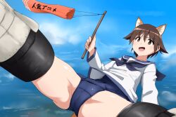 Rule 34 | 1girl, animal ears, blue one-piece swimsuit, blush, breasts, brown eyes, brown hair, cameltoe, covered navel, dog ears, dog tail, dress, flying, military uniform, miyafuji yoshika, one-piece swimsuit, open mouth, sailor dress, short hair, sky, small breasts, smile, solo, strike witches, striker unit, swimsuit, tail, uniform, world witches series, yohijikon