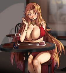 Rule 34 | 1girl, :o, alcohol, blaccura, blonde hair, breasts, cake, commission, cup, daidouji (senran kagura), dating, dress, drinking glass, food, fork, highres, huge breasts, jewelry, long hair, looking at viewer, necklace, on chair, red dress, red eyes, red velvet cake, ring, senran kagura, sitting, solo, very long hair, wedding ring, wine, wine glass