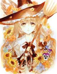 Rule 34 | 1girl, acorn, animal, bad id, bad pixiv id, black bow, black bowtie, black gloves, blonde hair, bow, bowtie, broom, brown hat, building, collared shirt, flower, frilled hat, frills, gloves, hat, holding, keiko (mitakarawa), kirisame marisa, long hair, looking at viewer, partially fingerless gloves, portrait, shirt, solo, squirrel, sunflower, touhou, white shirt, windmill, wing collar, witch hat, yellow eyes