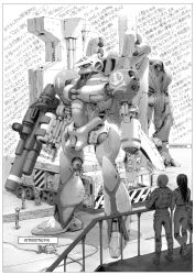 Rule 34 | 1girl, 4boys, absurdres, canopy, greyscale, gun, hangar, highres, holding, holding gun, holding weapon, long hair, looking up, mecha, mobilesuit alpha, mobilesuit beta, monochrome, motor vehicle, multiple boys, robot, science fiction, side arms, side arms hyper dyne, skull and crossbones, standing, truck, weapon, yasuda akira