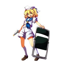 Rule 34 | 1girl, :d, baba (baba seimaijo), beret, blonde hair, chair, folding chair, full body, gun, hair between eyes, handgun, hat, highres, kitashirakawa chiyuri, loafers, looking at viewer, open mouth, pistol, puffy short sleeves, puffy sleeves, sailor, shoes, short sleeves, shorts, simple background, smile, socks, solo, touhou, touhou (pc-98), transparent background, v-shaped eyebrows, weapon, white background, white socks, yellow eyes