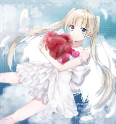 Rule 34 | 1girl, angel, angel wings, bare shoulders, blonde hair, blue eyes, blush, cloud, collarbone, commentary, dotted line, dress, expressionless, feathered wings, feathers, halo, heart, holding, holding heart, izuki hiyako, light blush, long hair, original, solo, twintails, twitter username, very long hair, white dress, white feathers, white wings, wings