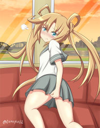 Rule 34 | 10s, 1girl, :t, abukuma (kancolle), aqua eyes, ass, blush, bridge, covering privates, covering crotch, embarrassed, hair rings, kantai collection, kneeling, long hair, pout, skirt, solo, sunset, tamayan, twintails