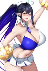 Rule 34 | 1girl, absurdres, anger vein, bare shoulders, black hair, blue archive, blue eyeliner, blue eyes, blue hair, blush, breasts, cheerleader, cleavage, collarbone, colored inner hair, cosplay, earrings, eyeliner, glasses, halo, halterneck, hibiki (blue archive), highres, holding, holding pom poms, jewelry, large breasts, long hair, looking at viewer, miniskirt, multicolored hair, navel, ootori subaru, open mouth, pleated skirt, pointy ears, pom pom (cheerleading), pom poms, rin (blue archive), skirt, smile, solo, sports bra, thighs, two-tone sports bra, white background, white skirt