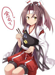 Rule 34 | 10s, 1girl, 501092-taka, brown hair, chopsticks, food, hachimaki, headband, kantai collection, looking at viewer, muneate, omelet, personification, ponytail, smile, solo, tamagoyaki, translated, wide sleeves, yellow eyes, zuihou (kancolle)