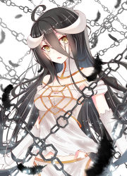 Rule 34 | + +, 1girl, absurdres, albedo (overlord), black feathers, black hair, breasts, chain, cleavage, elbow gloves, feathers, gloves, groin, highres, horns, long hair, looking at viewer, overlord (maruyama), re:rin, solo, strapless, white gloves, yellow eyes