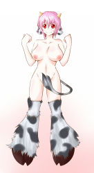 Rule 34 | 1girl, animal ears, breasts, cow ears, cow tail, highres, horns, large breasts, minotaur, nipples, nude, pink hair, red eyes, short hair, solo, tail