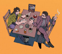 Rule 34 | 2boys, ashtray, black eyes, black hair, blazer, book, brown jacket, brown necktie, calculator, chair, cigarette, cigarette pack, coffee, coffee mug, commentary request, crossed legs, cup, endou yuuji, formal, from above, full body, green shirt, grey pants, grey shirt, grin, holding, holding cigarette, holding cup, inudori, itou kaiji, jacket, kaiji, long hair, long sleeves, looking at another, male focus, medium bangs, menu, mug, multiple boys, necktie, orange background, pants, paper, parted bangs, pencil, plaid, plaid shirt, saucer, shirt, short bangs, short hair, short sleeves, smile, smoke, suit, sunglasses, table, v-shaped eyebrows, very short hair