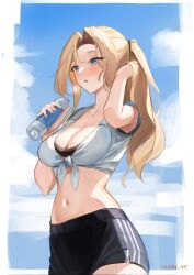 Rule 34 | 1girl, arm up, blonde hair, blue sky, bottle, breasts, cleavage, cloud, dimos (dawn 1945), dolphin shorts, highres, holding, holding bottle, hornet (kancolle), kantai collection, large breasts, long hair, midriff, navel, ponytail, shirt, shorts, sky, solo, tied shirt, water bottle