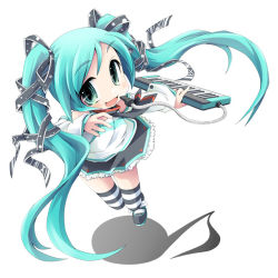 Rule 34 | aqua hair, detached sleeves, green eyes, hair ribbon, ham (points), hatsune miku, instrument, keyboard, keyboard (instrument), long hair, melodica, necktie, ribbon, skirt, solo, striped clothes, striped thighhighs, thighhighs, twintails, vocaloid, zettai ryouiki