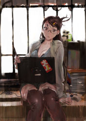 Rule 34 | 1girl, backlighting, book, breasts, brown eyes, brown hair, cable, cleavage, computer, glasses, hair ornament, hairclip, knees together feet apart, laptop, open mouth, original, panda, round eyewear, solo, surprised, sweater, thighhighs, toi8