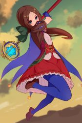 Rule 34 | 1girl, black bow, blue eyes, blue gloves, blue pantyhose, blue sky, blush, bow, brown footwear, brown hair, cloud, cloudy sky, commentary request, covered mouth, dress, elbow gloves, fate/grand order, fate (series), frilled dress, frills, full body, gloves, hair bow, holding, holding staff, kopaka (karda nui), leonardo da vinci (fate), loafers, long hair, low ponytail, midair, outdoors, pantyhose, parted bangs, ponytail, puff and slash sleeves, puffy short sleeves, puffy sleeves, red dress, shoes, short sleeves, sidelocks, sky, solo, staff, sunset, v-shaped eyebrows