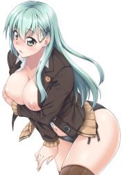 Rule 34 | 1girl, aqua hair, ass, black panties, blush, breasts, breasts out, brown jacket, brown thighhighs, collarbone, cowboy shot, embarrassed, green eyes, hair ornament, hairclip, jacket, kantai collection, large breasts, long hair, long sleeves, looking at viewer, mikagami sou, navel, nipples, panties, remodel (kantai collection), shirt, simple background, solo, suzuya (kancolle), thighhighs, underwear, upper body, white background, white shirt