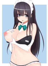 Rule 34 | 1girl, black eyes, black hair, blush, breast hold, breasts, breasts out, curvy, detached collar, huge breasts, long hair, looking at viewer, maid headdress, navel, nipples, open mouth, original, puffy nipples, solo, wide hips, yuna (spn28u79)