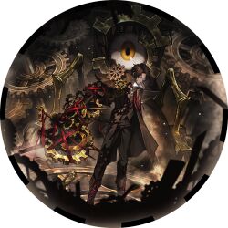 1boy asymmetrical_inertia_(e.g.o) bloodshot_eyes brown_boots brown_coat brown_hair brown_pants brown_vest coat e.g.o_(project_moon) game_cg gears heathcliff_(project_moon) limbus_company looking_at_viewer male_focus monocle monster nai_ga official_art one-eyed pants project_moon prosthesis prosthetic_arm red_ribbon ribbon round_image shirt short_hair solo standing vest white_shirt