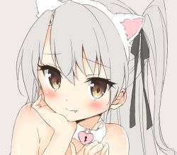Rule 34 | 10s, 1girl, amatsukaze (kancolle), animal ears, bare shoulders, blush, brown eyes, cat ears, close-up, collar, fake animal ears, fang, hair ribbon, hand on own chin, headband, kantai collection, long hair, looking at viewer, masuishi kinoto, portrait, ribbon, shima (shima je), silver hair, simple background, solo, two side up, upper body