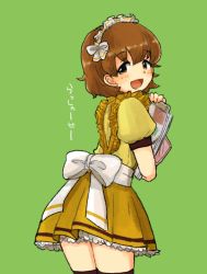 Rule 34 | 10s, 1girl, alternate costume, black thighhighs, bow, brown eyes, brown hair, coco&#039;s, cowboy shot, freckles, from behind, girls und panzer, green background, holding, large bow, looking at viewer, looking back, maid headdress, menu, miniskirt, oimo mushi, open mouth, petticoat, pleated skirt, puffy short sleeves, puffy sleeves, shirt, short hair, short sleeves, simple background, skirt, smile, solo, standing, striped clothes, striped skirt, thighhighs, translated, tsuchiya (girls und panzer), waitress, white bow, yellow shirt, yellow skirt