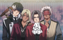 Rule 34 | 4boys, ace attorney, adjusting clothes, adjusting necktie, animal, arms at sides, ascot, bird, black eyeshadow, black hair, black jacket, black necktie, black shirt, black vest, blonde hair, blue eyes, buttons, chain necklace, closed mouth, collared jacket, collared shirt, dark-skinned male, dark skin, eyeshadow, facial hair, frown, glasses, godot (ace attorney), grey eyes, grey hair, grey shirt, grin, hair between eyes, hair intakes, hand on another&#039;s shoulder, hawk, head-mounted display, head tilt, high collar, jacket, jewelry, klavier gavin, kuromai, lapels, leaning to the side, looking at viewer, makeup, male focus, medium hair, miles edgeworth, multicolored hair, multiple boys, necklace, necktie, open clothes, open collar, open jacket, pinstripe pattern, pinstripe vest, red jacket, shirt, short hair, simon blackquill, smile, snowflakes, spiked hair, striped, suit jacket, taka (ace attorney), two-tone hair, upper body, vest, watermark, white ascot, white hair, white necktie, yellow vest