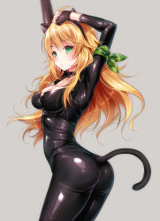 Rule 34 | 1girl, :/, ahoge, animal ears, arm ribbon, armpits, arms up, ass, black gloves, blonde hair, blush, bodysuit, breasts, camouflage, cat burglar, cat ears, cat tail, catsuit, choker, cleavage, fake animal ears, fake tail, female focus, fingerless gloves, from side, gloves, green eyes, grey background, hairband, highres, hizuki akira, hoshii miki, idolmaster, idolmaster (classic), kemonomimi mode, large breasts, latex, latex suit, long hair, looking at viewer, looking back, ribbon, shiny clothes, simple background, skin tight, solo, tail, zipper