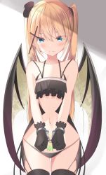 Rule 34 | 1girl, bare arms, bare shoulders, black gloves, black panties, black thighhighs, blonde hair, blue eyes, blush, bound, bound wrists, closed mouth, collarbone, commentary request, cowboy shot, cross, cross hair ornament, cuffs, demon girl, demon wings, doyachii, frown, gloves, gluteal fold, hair ornament, handcuffs, highres, latin cross, lingerie, long hair, looking at viewer, navel, original, panties, pubic tattoo, restrained, sidelocks, solo, standing, tattoo, thighhighs, thighs, twintails, underwear, wings
