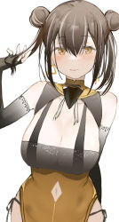 Rule 34 | 1girl, alternate costume, arknights, bare arms, bare shoulders, blush, breasts, brown hair, cleavage, clothing cutout, commentary, dress, earrings, highres, holding, holding own hair, jewelry, large breasts, long hair, looking at viewer, magallan (arknights), multicolored hair, navel cutout, otsumami (02mami), simple background, solo, streaked hair, upper body, very long hair, white background, white hair, yellow dress, yellow eyes