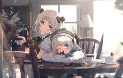 Rule 34 | 1girl, 2girls, :o, arm support, backlighting, blue eyes, bow, cake, cake slice, chair, commentary request, covering own mouth, cup, flower, food, fork, frilled sleeves, frills, green neckwear, hair bow, highres, holding, holding cup, indoors, lamp, leaf, lens flare, looking at viewer, multiple girls, ogipote, on chair, one eye closed, original, parted lips, plaid headwear, plate, puffy short sleeves, puffy sleeves, reflection, rose, short hair, short sleeves, short twintails, sitting, sweater vest, table, teacup, twintails, vase, white headwear, wooden chair, wooden table