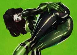 Rule 34 | 1girl, absurdres, bent over, black bodysuit, black hair, black lips, bodysuit, breasts, cameltoe, character name, colored skin, commentary, english commentary, from behind, gloves, green background, green bodysuit, green eyes, green gloves, hair over one eye, hand on own ass, highres, kim possible (series), knees together feet apart, latex, latex bodysuit, long hair, looking back, makeup, mascara, medium breasts, monori rogue, multicolored bodysuit, multicolored clothes, paid reward available, pale skin, shego, skin tight, solo, white skin