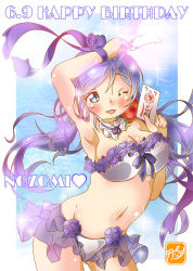 Rule 34 | 1girl, ;), aqua eyes, artist name, artist request, bare shoulders, bikini, blush, breasts, card, cleavage, collarbone, feathers, female focus, flower, green eyes, hair flower, hair ornament, heart, holding, holding card, holding feather, long hair, long twintails, looking at viewer, love live!, love live! school idol festival, love live! school idol project, low twintails, medium breasts, one eye closed, parted lips, purple flower, purple hair, purple skirt, red flower, skirt, smile, solo, swimsuit, takecho, tojo nozomi, twintails, white bikini