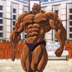 Rule 34 | 1boy, abs, biscuit oliva, black hair, dark-skinned male, dark skin, grappler baki, highres, male focus, mature male, muscular, muscular arms, muscular legs, muscular male, pectorals, prison, prison clothes, screencap, solo, standing, third-party edit