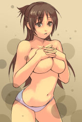 Rule 34 | 1girl, breast suppress, breasts, brown eyes, brown hair, covering breasts, covering privates, large breasts, long hair, navel, original, own hands clasped, own hands together, panties, panties only, solo, topless, underwear, underwear only, yuuji (and)