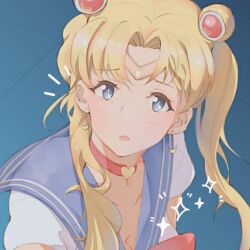 Rule 34 | 1girl, anata no utahime (lzr13708949567), bishoujo senshi sailor moon, blonde hair, blue eyes, breasts, choker, cleavage, crescent, crescent earrings, earrings, heart, heart choker, jewelry, looking at viewer, meme, red choker, sailor moon redraw challenge (meme), sailor senshi uniform, solo, tsukino usagi