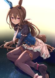 Rule 34 | 1girl, admire vega (umamusume), animal ears, black pantyhose, boots, brown hair, commentary request, ear covers, hair ribbon, high heel boots, high heels, highres, horse ears, horse girl, horse tail, juliet sleeves, long hair, long sleeves, looking at viewer, low ponytail, miniskirt, pantyhose, pleated skirt, puffy sleeves, purple eyes, ribbon, single ear cover, sitting, skirt, solo, starheart, tail, thigh strap, umamusume, white ribbon, white skirt, yokozuwari