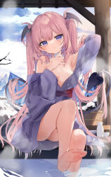 Rule 34 | 1girl, alcohol, bare shoulders, bat wings, bath yukata, blush, bottle, breasts, cloud, cloudy sky, cup, demon girl, demon tail, drink, hand in own hair, head wings, highres, holding, holding cup, holding drink, japanese clothes, kedama milk, kimono, leg up, long hair, looking at viewer, off shoulder, onsen, original, pink hair, pointy ears, purple eyes, sake, sake bottle, sakyumama (kedama milk), sitting, sky, small breasts, solo, steam, tail, twintails, water, wet, wings, yukata
