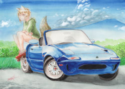 Rule 34 | &gt;:), 1girl, animal ears, ankle boots, arm support, artist name, blue sky, boots, brown eyes, brown hair, brown shorts, car, character request, closed mouth, cloud, cloudy sky, crossed arms, day, eunos roadster, eyelashes, eyes visible through hair, fox ears, fox girl, fox tail, grass, hair between eyes, high heel boots, high heels, highres, hood, hoodie, looking at viewer, mazda, mazda mx-5, mazda mx-5 na, motor vehicle, mountain, on vehicle, original, outdoors, painting (medium), parted bangs, red footwear, road, short hair, short shorts, shorts, signature, sitting, sky, sleeves rolled up, slit pupils, smile, solo, tail, tesun (g noh), traditional media, tree, v-shaped eyebrows, vehicle focus, watercolor (medium)