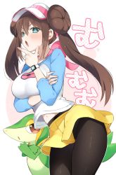 Rule 34 | 1girl, :o, black pantyhose, blouse, blue eyes, blue shirt, blush, breast hold, breasts, brown hair, commentary request, creatures (company), double bun, game freak, gen 5 pokemon, hair between eyes, hair bun, half-closed eyes, hand on own chin, hat, highres, large breasts, low twintails, md5 mismatch, navel, nintendo, open mouth, pantyhose, pantyhose under shorts, pokemon, pokemon (creature), pokemon bw2, pokemon masters ex, resolution mismatch, rosa (pokemon), shirt, short shorts, shorts, sino (sionori), snivy, source larger, standing, stroking own chin, thinking, twintails, v-shaped eyebrows, visor cap, watch, white background, white shirt, yellow shorts