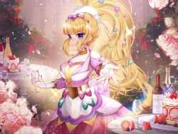 Rule 34 | 1girl, absurdres, apron, big hair, blonde hair, blueberry, blunt bangs, bottle, bridal gauntlets, cake, closed mouth, clothing cutout, commentary, commission, cup, cure finale, day, delicious party precure, dessert, dress, drinking glass, english commentary, flower, food, fruit, gloves, hair ornament, hando 2020, heart, heart hair ornament, highres, holding, holding cup, kasai amane, lens flare, light particles, long hair, long sleeves, looking at viewer, magical girl, medium dress, outdoors, petals, pink flower, pink rose, plate, precure, purple dress, purple eyes, purple headwear, rainbow, reaching, reaching towards viewer, rose, shoulder cutout, sidelocks, smile, solo, sparkle, standing, strawberry, strawberry cake, sunlight, table, tiara, waist apron, white gloves, wine bottle, wine glass