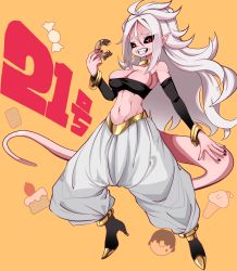 Rule 34 | 1girl, android 21, bad id, bad pixiv id, bare shoulders, black sclera, boots, bracelet, breasts, character name, cleavage, clenched teeth, colored sclera, colored skin, doughnut, dragon ball, dragon ball fighterz, earrings, food, full body, gold trim, high heel boots, high heels, highres, jewelry, looking at viewer, majin android 21, medium breasts, midriff, nail polish, narue, navel, pink skin, pointy ears, red eyes, simple background, solo, tail, teeth, yellow background