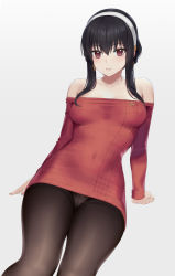 Rule 34 | 1girl, absurdres, bad id, bad pixiv id, black hair, black pantyhose, breasts, dress, earrings, gold earrings, hairband, highres, jewelry, large breasts, long sleeves, off-shoulder sweater, off shoulder, panties, panties under pantyhose, pantyhose, red eyes, red sweater, short hair, short hair with long locks, sidelocks, solo, spy x family, sweater, sweater dress, underwear, white hairband, white panties, yizhirenben, yor briar